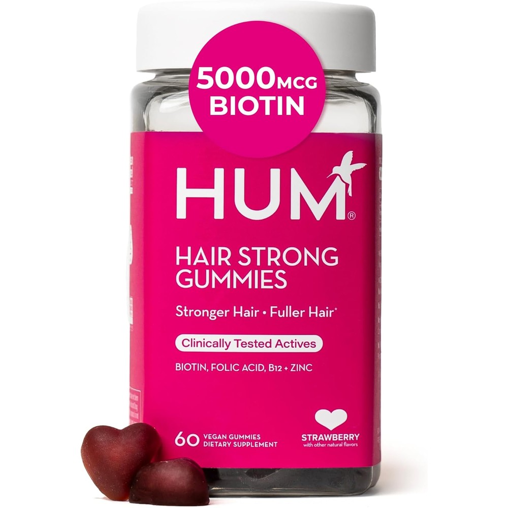 HUM Hair Strong Daily Hair Growth Gummies clear bottle front view hair supplement