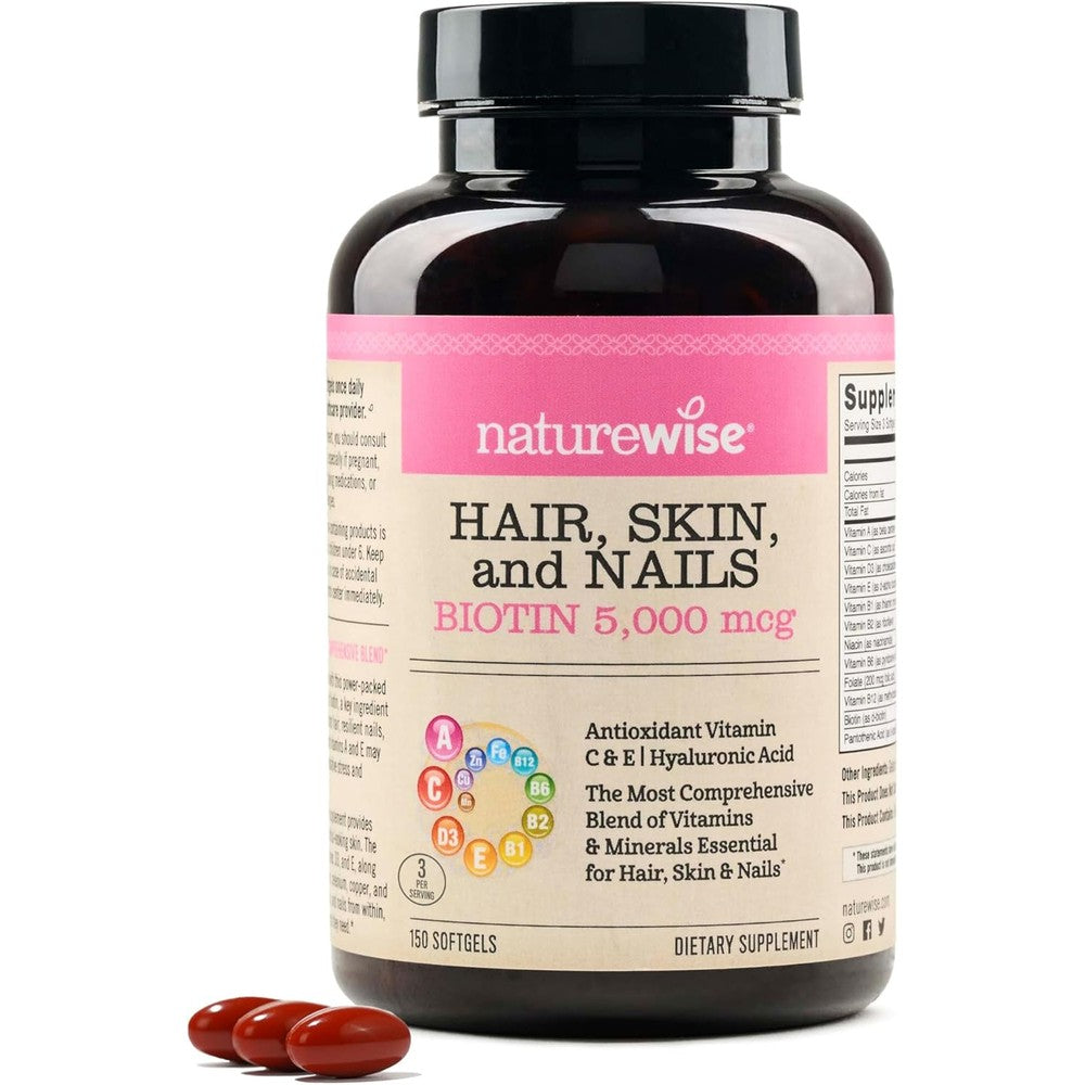 NatureWise Hair Skin and Nails Vitamin 150 softgels front view showing premium biotin packaging