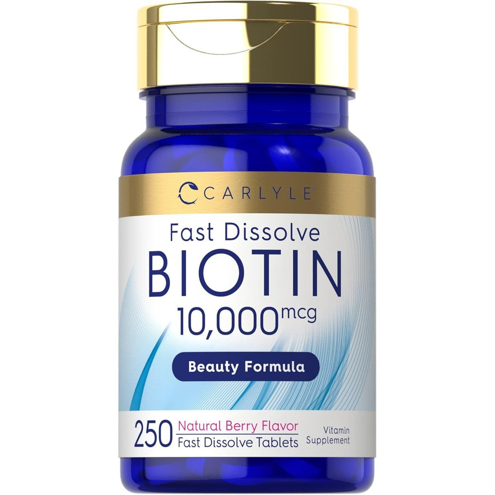 Carlyle Biotin 10000mcg Fast Dissolve 250 Vegetarian Tablets front view bottle