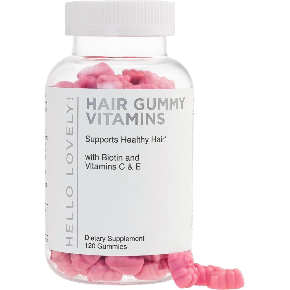 Hello Lovely Hair Vitamins Gummies 120 count front bottle view for hair growth support.
