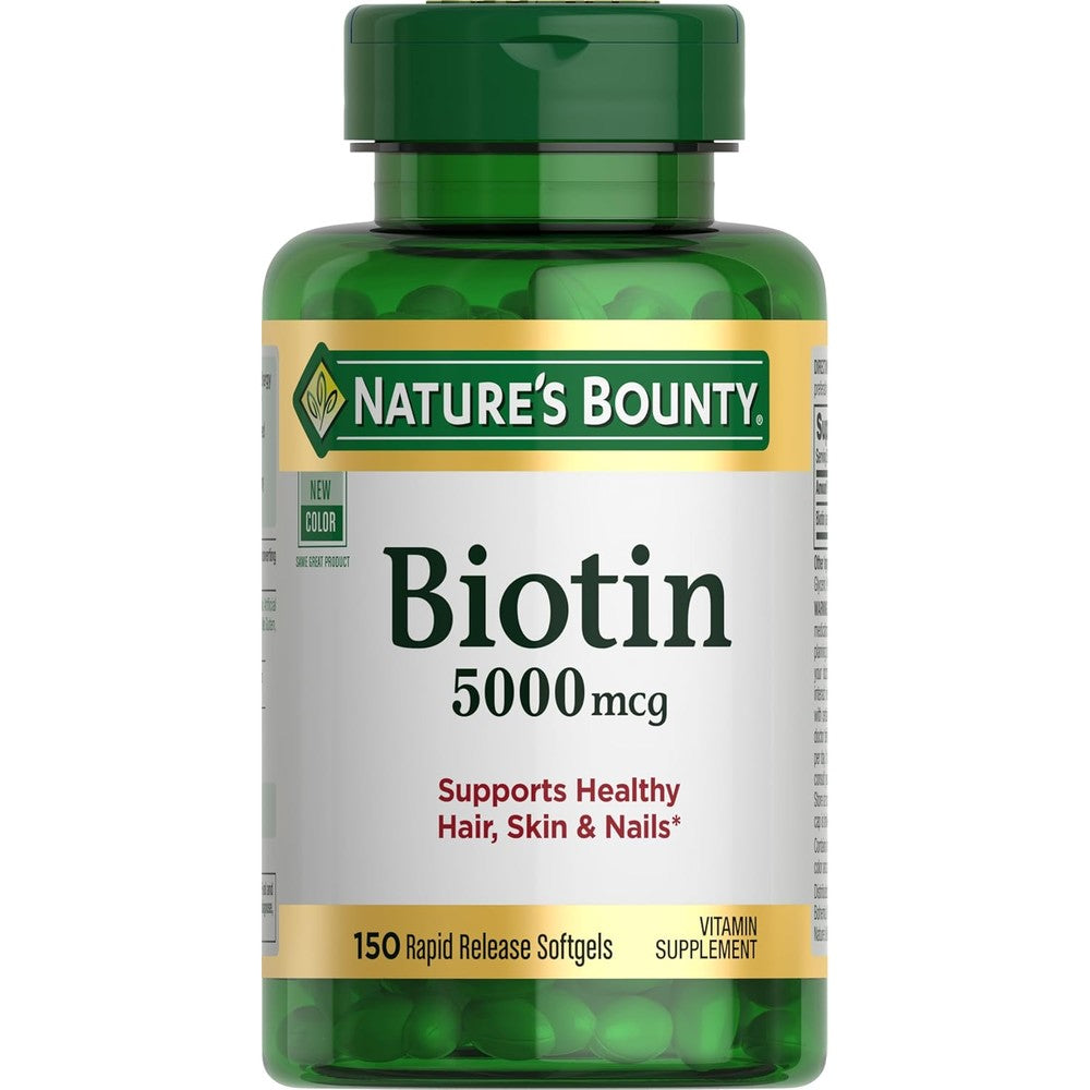 Nature's Bounty Biotin 5000 mcg 150 softgels front view for hair health