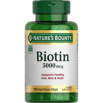 Nature's Bounty Biotin 5000 mcg 150 softgels front view for hair health