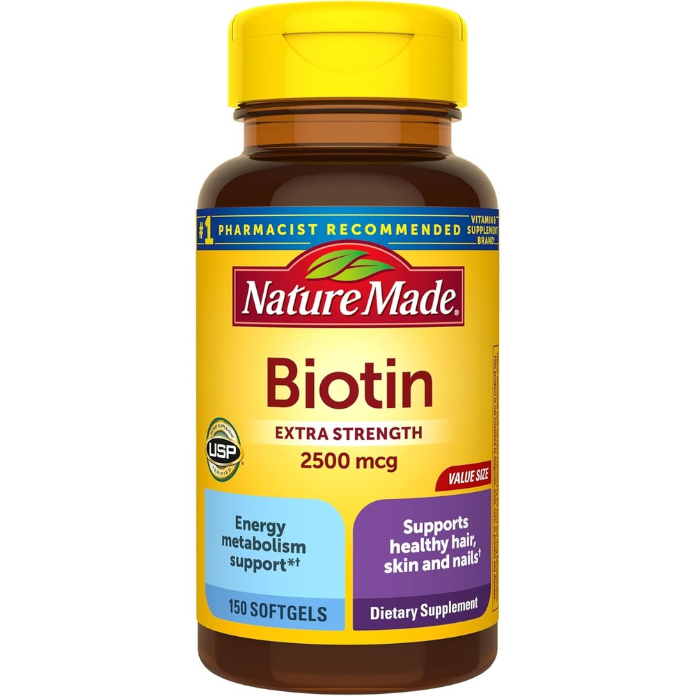 Nature Made Biotin 2500 Micrograms 150 Softgels bottle front view for hair growth supplement