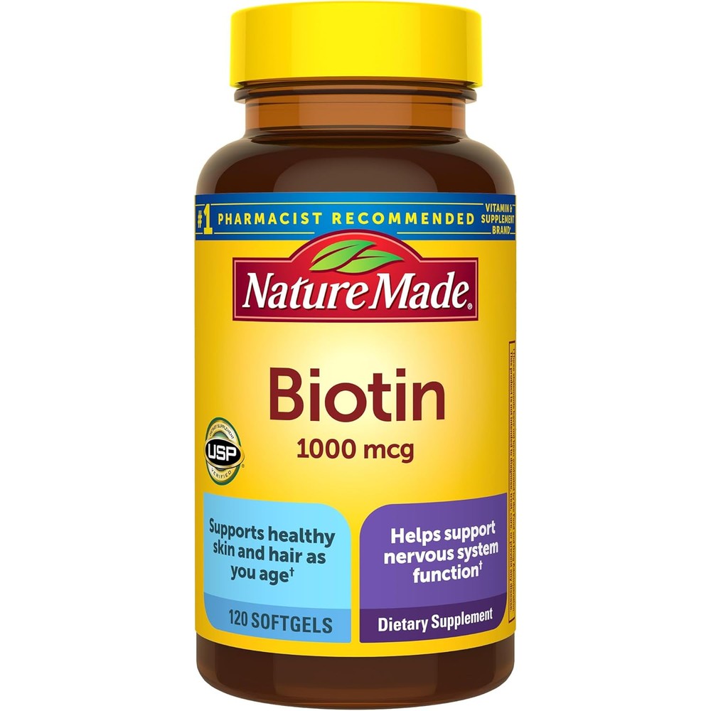 Nature Made Biotin 1000 Micrograms 120 Liquid Softgels front view bottle
