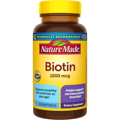 Nature Made Biotin 1000 Micrograms 120 Liquid Softgels front view bottle