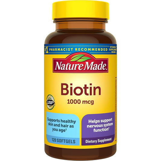 Nature Made Biotin 1000 Micrograms 120 Liquid Softgels front view bottle