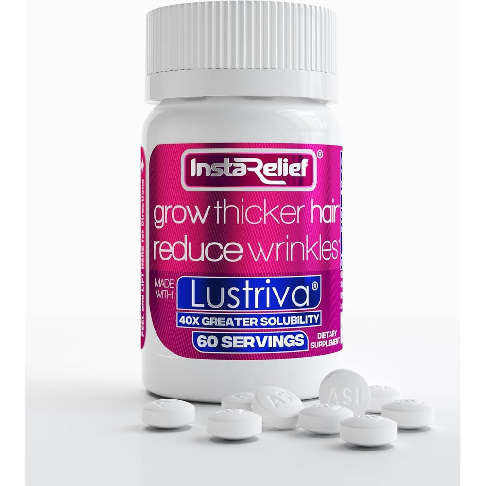 InstaRelief Hair Growth with Lustriva 60 tablets front view bottle packaging for hair thickness
