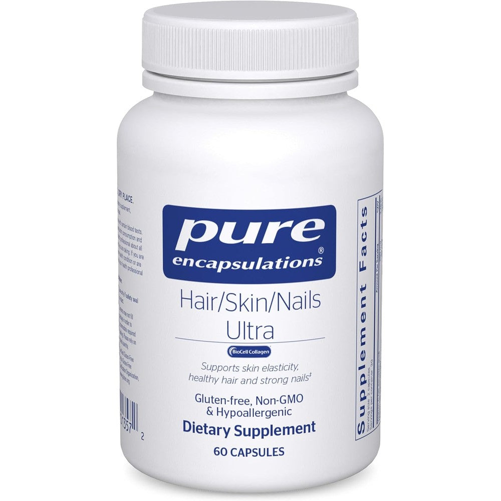 Pure Encapsulations Hair Skin Nails Ultra 60 capsules front view bottle on white background