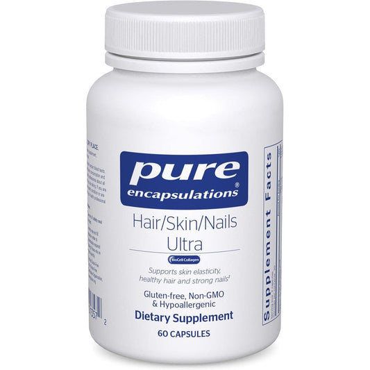 Pure Encapsulations Hair Skin Nails Ultra 60 capsules front view bottle on white background