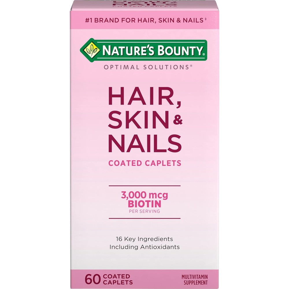 Nature's Bounty Optimal Solutions Hair Skin and Nails bottle front view showing sixty coated caplets text
