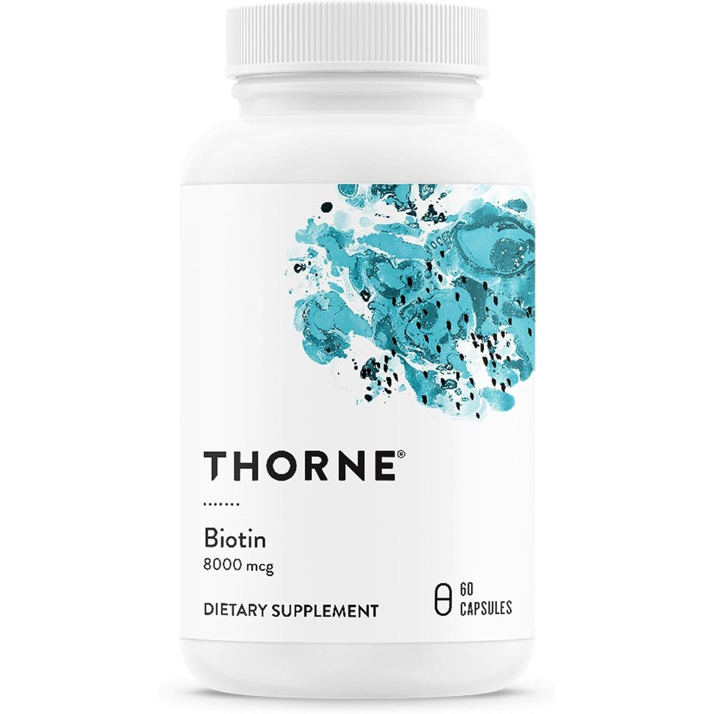 Thorne Biotin 8000 mcg 60 capsules front view bottle for healthy hair growth