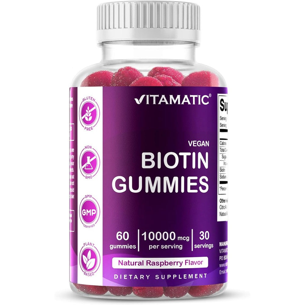 Vitamatic Biotin Gummies 10000 mcg front view bottle containing 60 vegan gummies for hair skin and nails