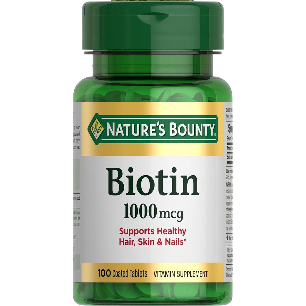 Nature's Bounty Biotin 1000 Micrograms bottle front view showing authentic imported health supplement packaging