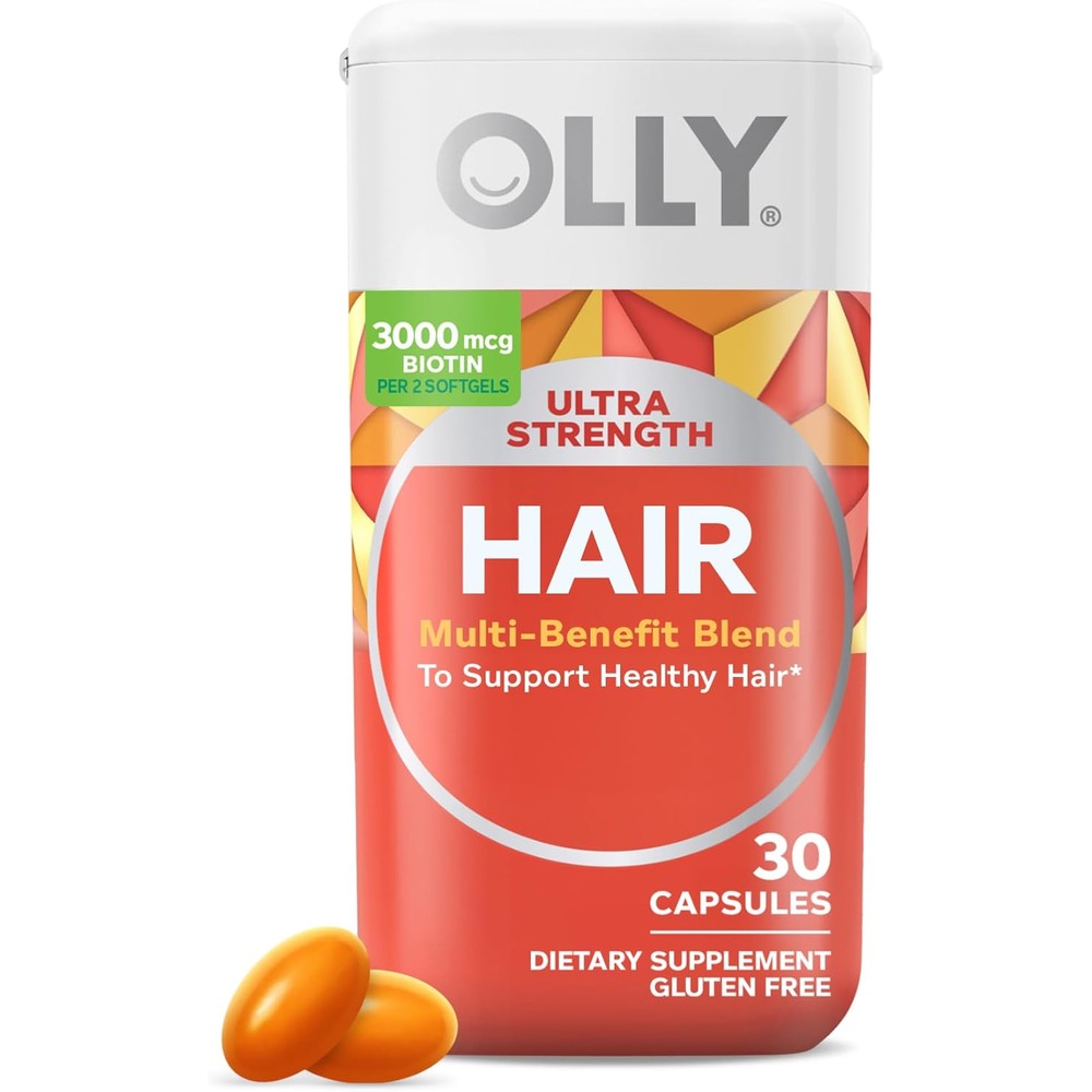 OLLY Ultra Strength Hair Softgels 30 count front view showing premium USA packaging.