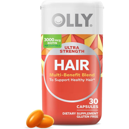OLLY Ultra Strength Hair Softgels 30 count front view showing premium USA packaging.