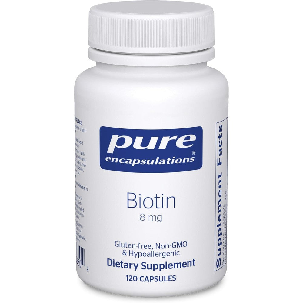 Pure Encapsulations Biotin 8mg bottle front view premium hair and nail supplement