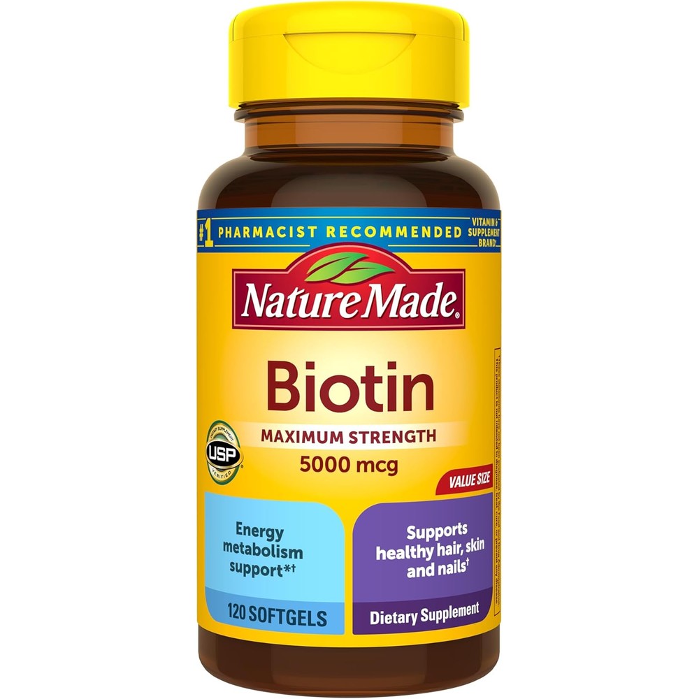 Nature Made Maximum Strength Biotin 5000 Micrograms front view bottle for hair growth