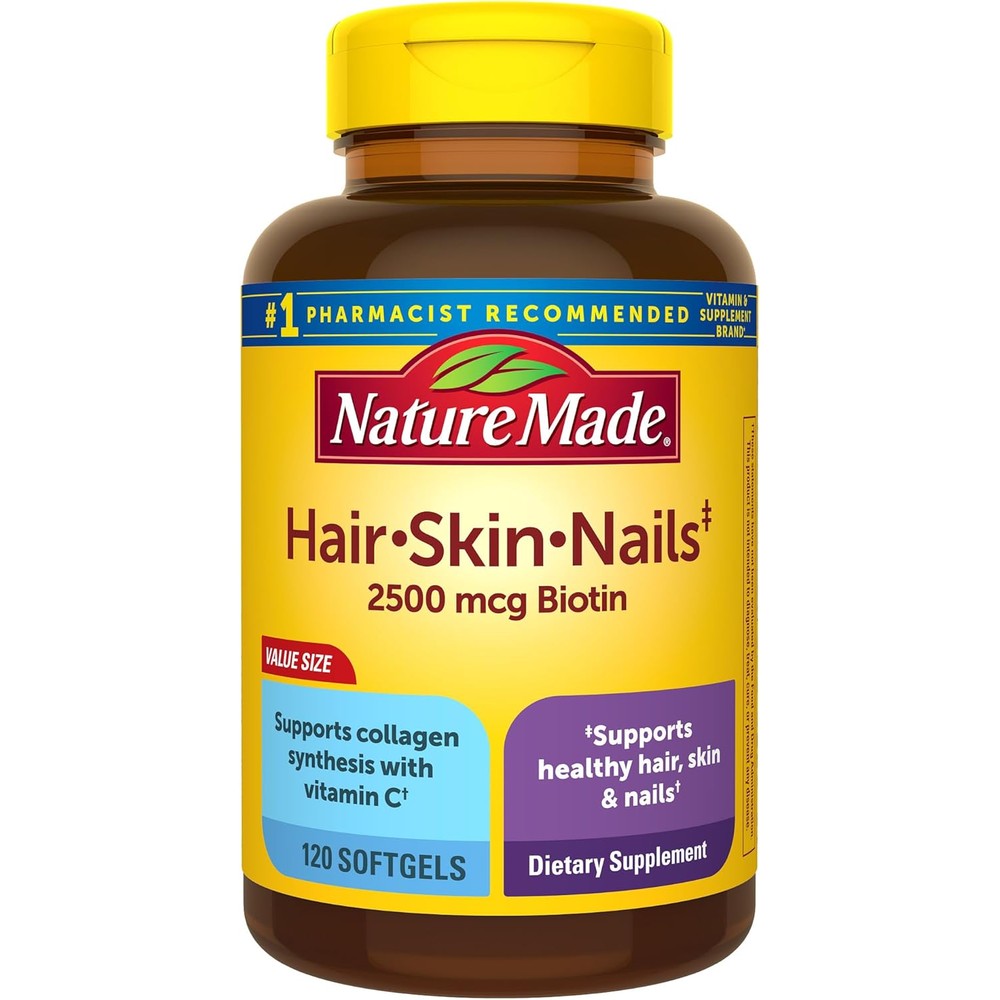 Nature Made Hair Skin and Nails with Biotin 2500 mcg bottle front view for imported beauty supplement