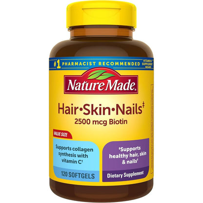 Nature Made Hair Skin and Nails with Biotin 2500 mcg bottle front view for imported beauty supplement