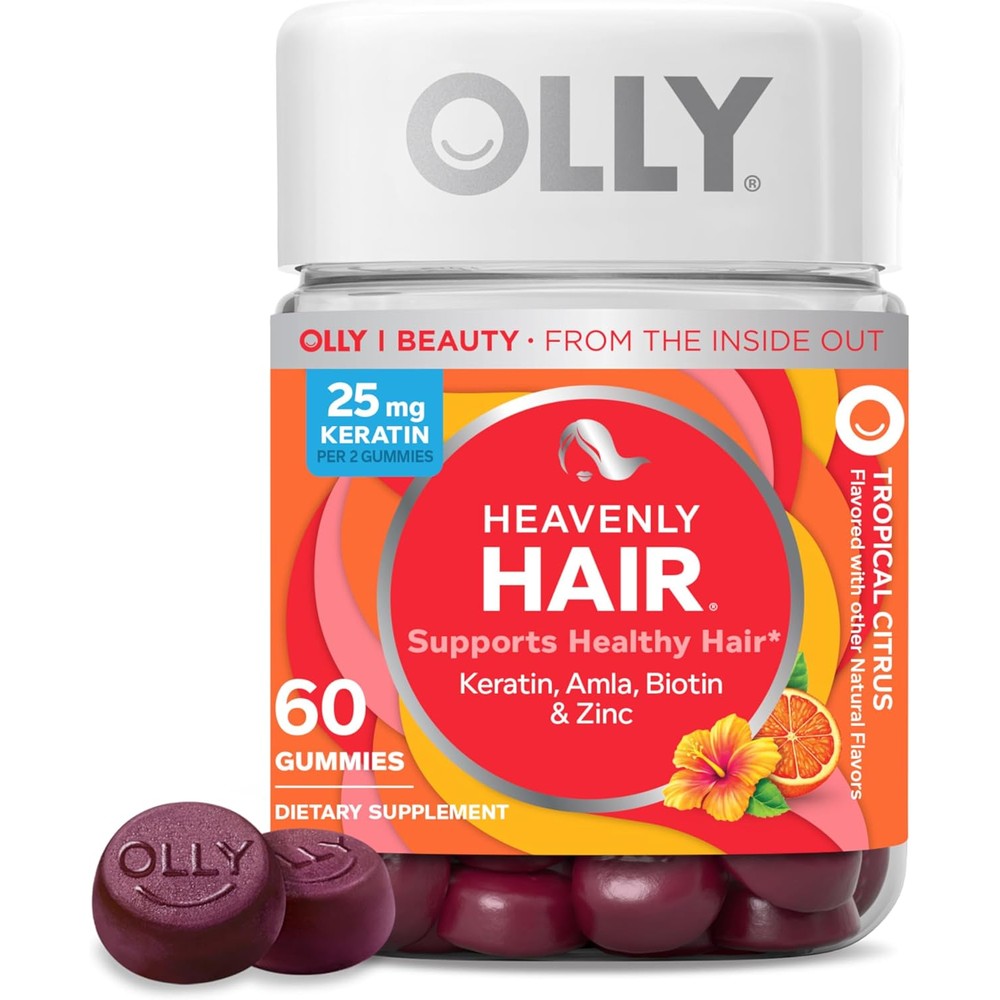 OLLY Heavenly Hair Gummies 60 Count front view showcasing the tropical citrus flavor bottle.