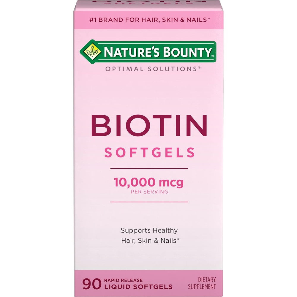 Nature's Bounty Biotin 10,000 mcg 90 softgels front bottle view for hair growth