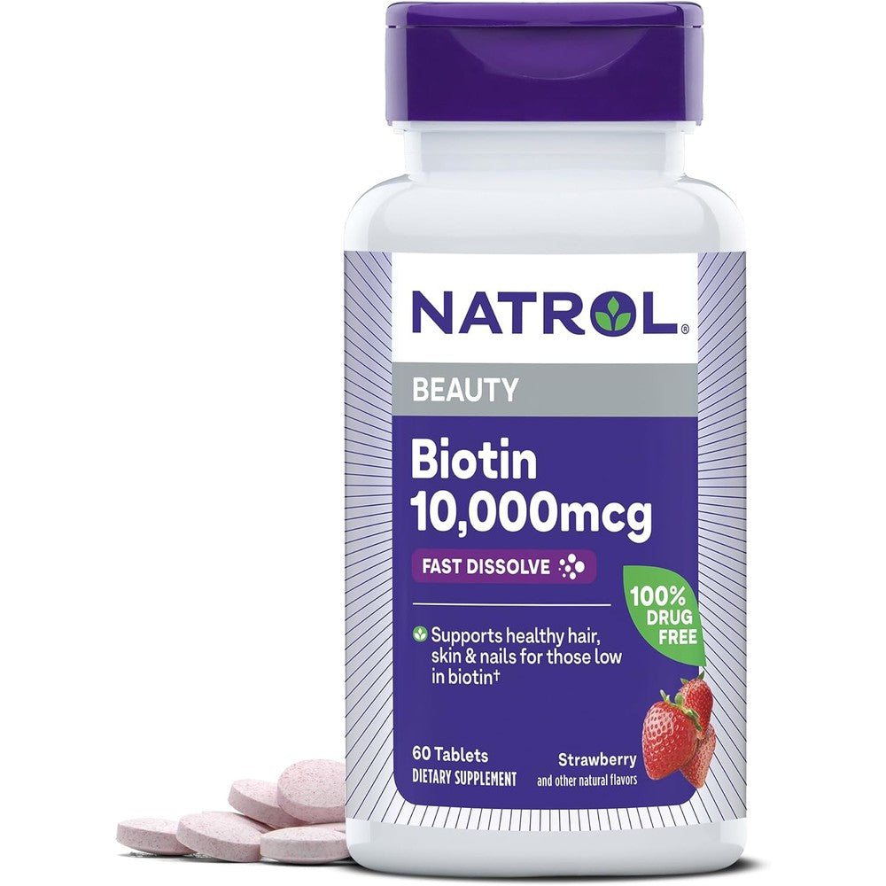 Natrol Biotin 10000 mcg 60 tablets front view showing maximum strength label
