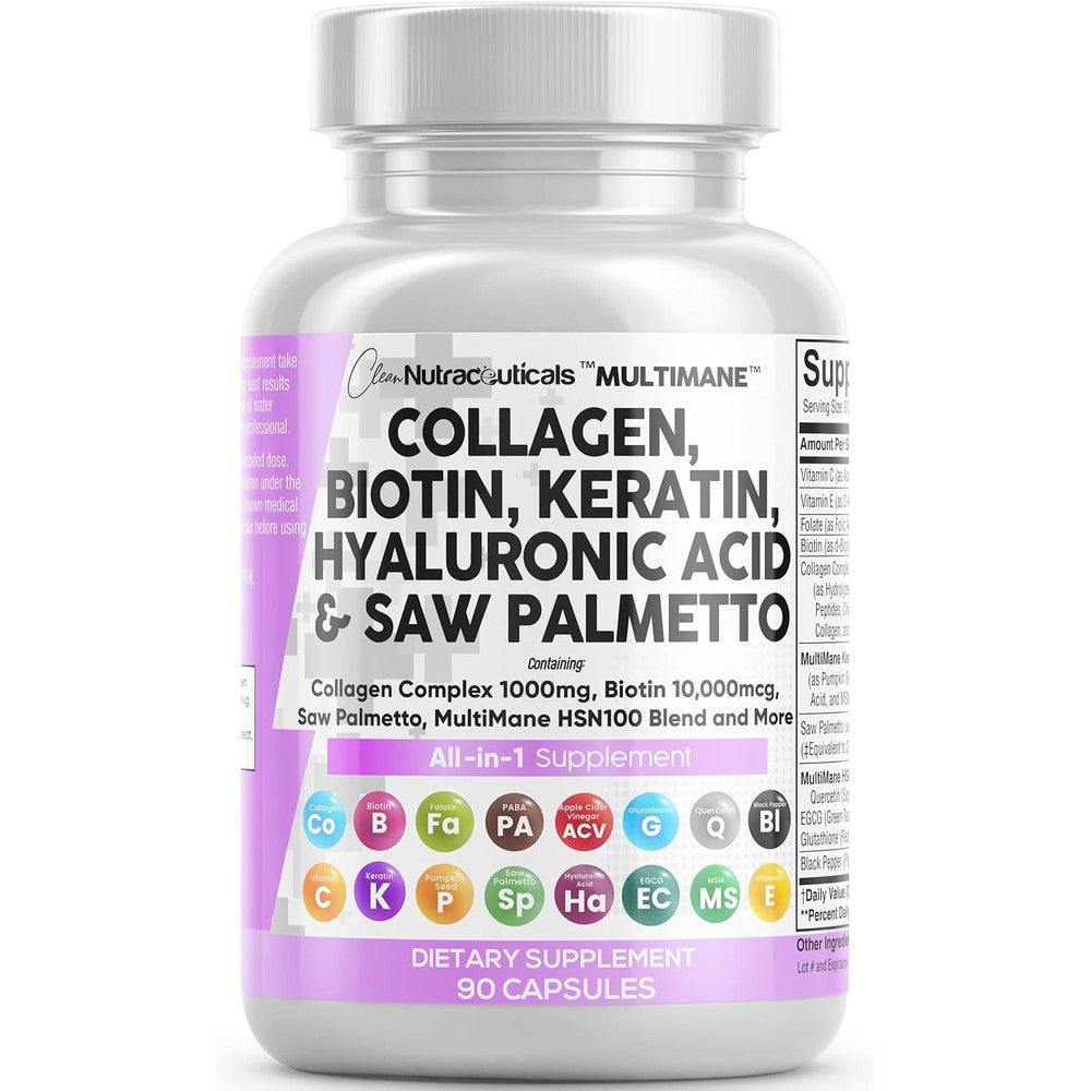 Clean Nutraceuticals MultiMane 90 capsules front view bottle showing premium collagen and biotin supplement packaging