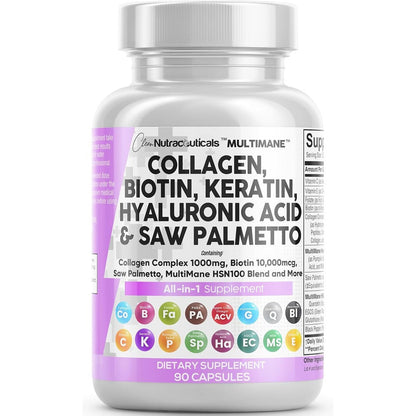 Clean Nutraceuticals MultiMane 90 capsules front view bottle showing premium collagen and biotin supplement packaging