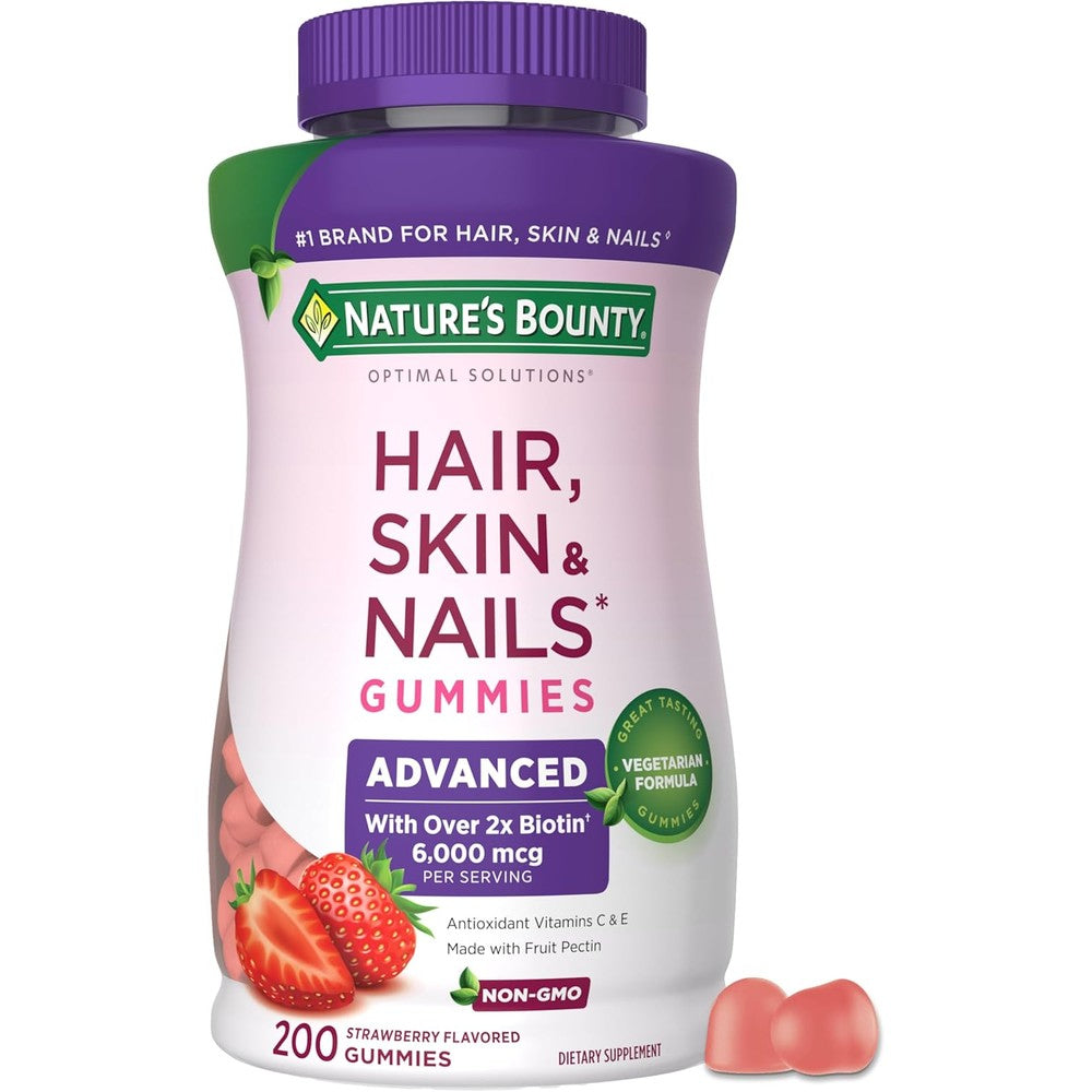 Nature's Bounty Advanced Hair Skin and Nails 200 Pectin Gummies front view showing strawberry flavor