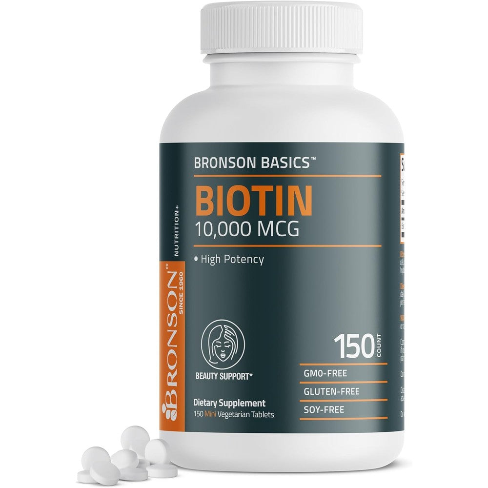 Bronson Biotin 10000mcg hair skin nails 150 tablets front bottle view