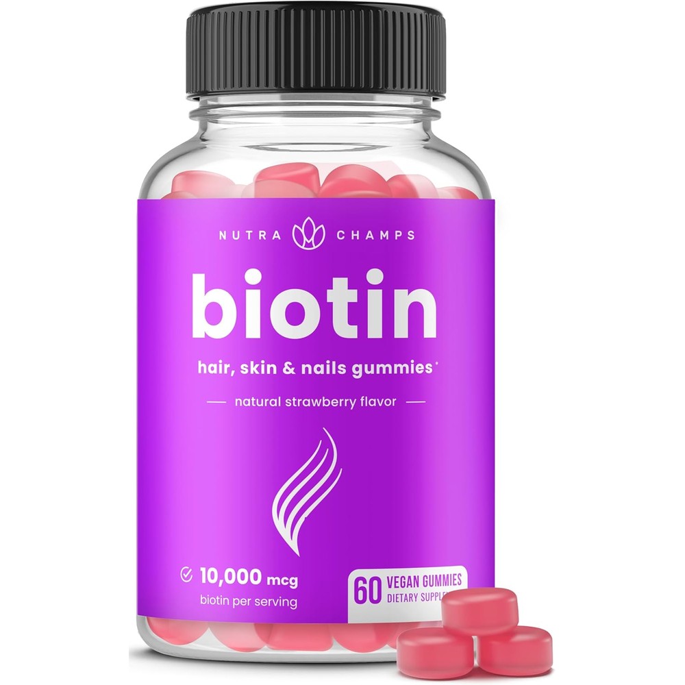 NutraChamps Biotin Gummies 10000mcg front view bottle for hair growth