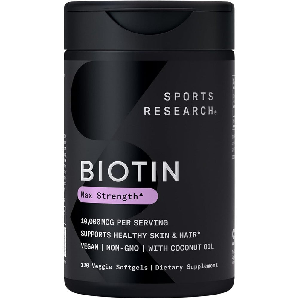 Sports Research Biotin 10000 mcg maximum strength bottle front view showing hair and skin support benefits