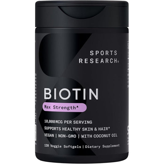 Sports Research Biotin 10000 mcg maximum strength bottle front view showing hair and skin support benefits