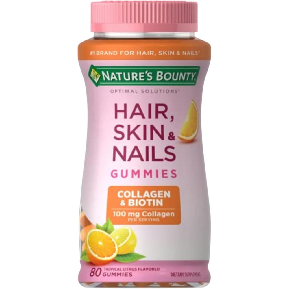 Nature's Bounty Hair Skin And Nails Gummies 80 count front bottle view showcasing tropical citrus flavor supplement.