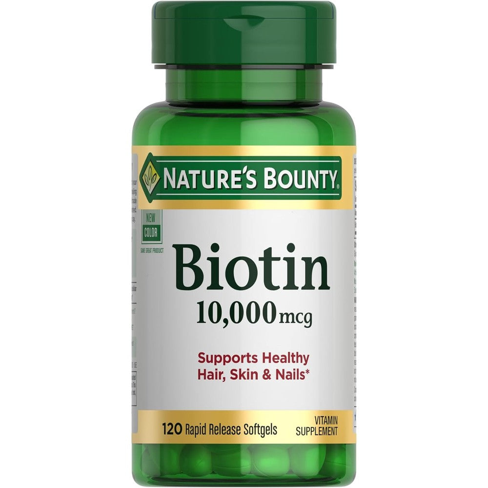 Nature's Bounty Biotin 10000mcg 120 softgels front bottle view for hair health