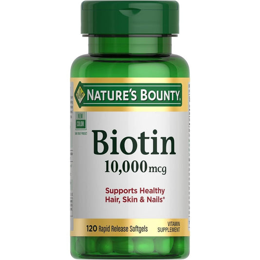 Nature's Bounty Biotin 10000mcg 120 softgels front bottle view for hair health