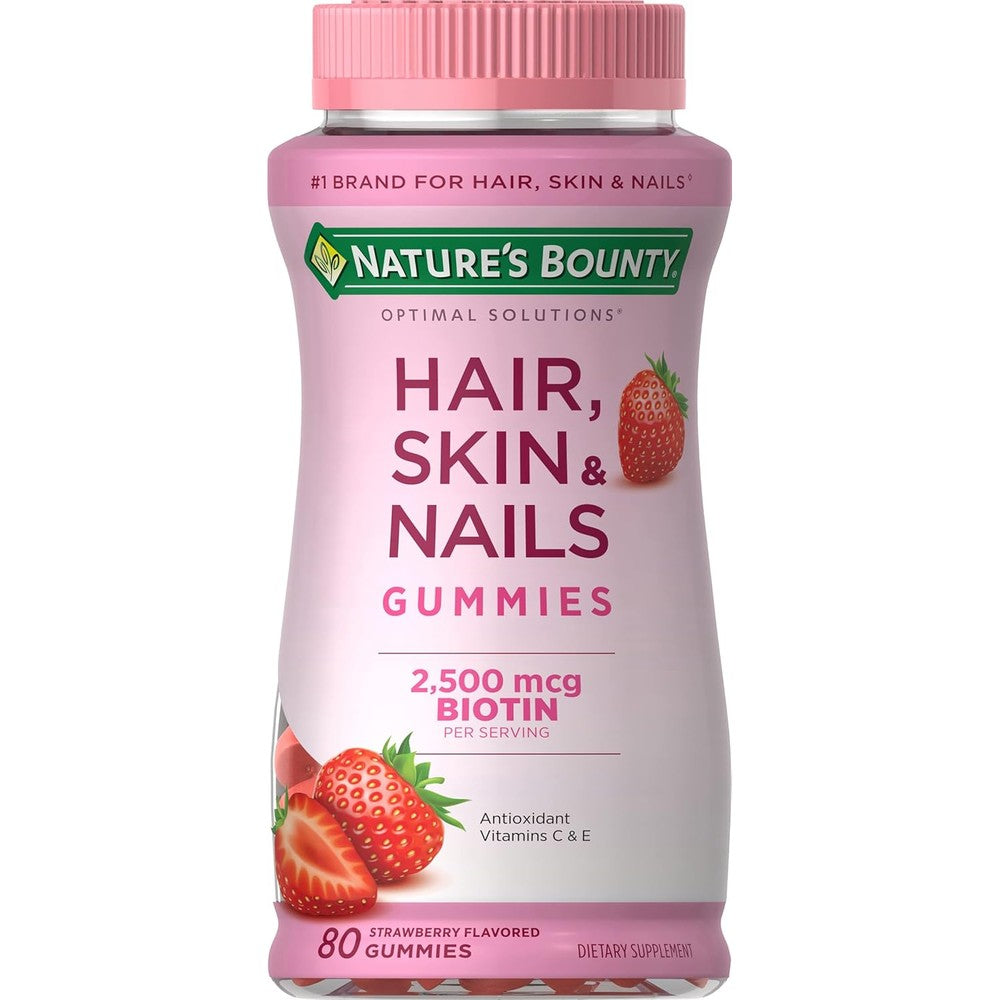 Nature's Bounty Optimal Solutions Hair Skin and Nails 80 Gummies front view bottle showcasing strawberry flavor graphics