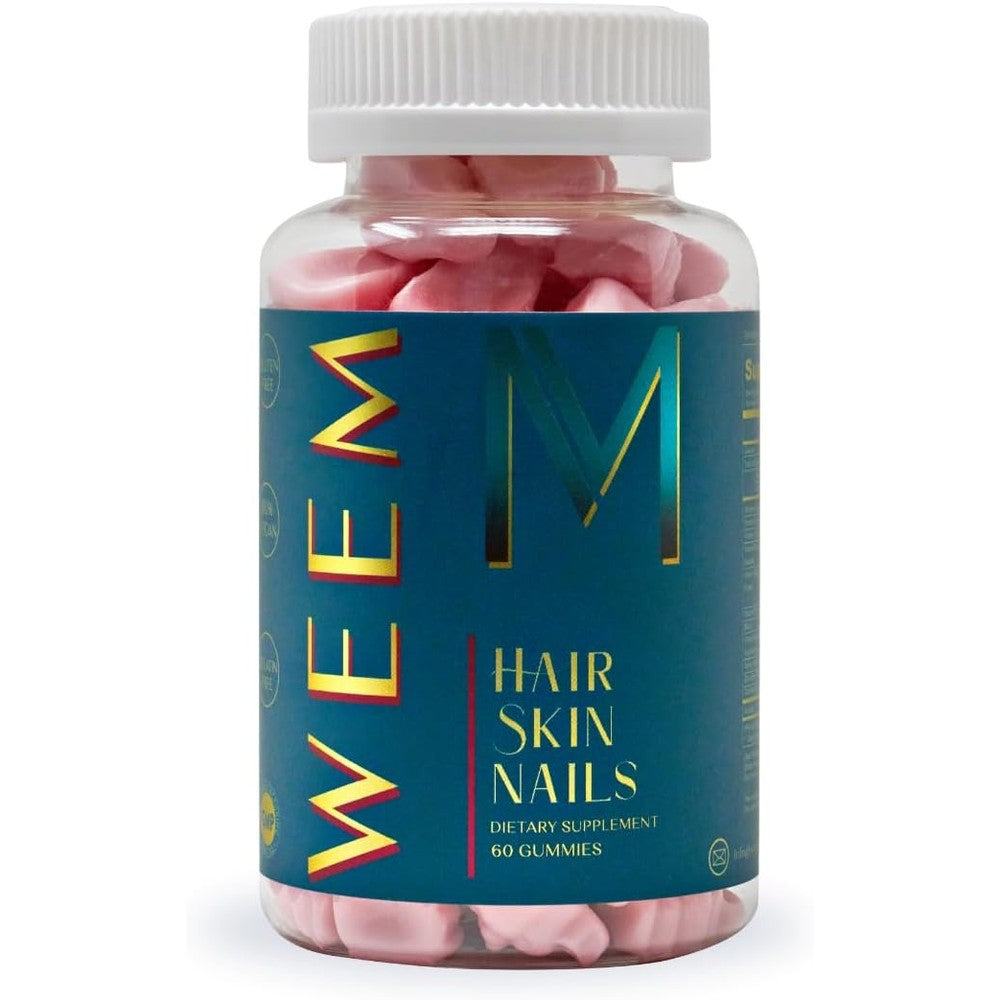 WEEM Hair Skin and Nails Gummies bottle front view for beauty supplement routine