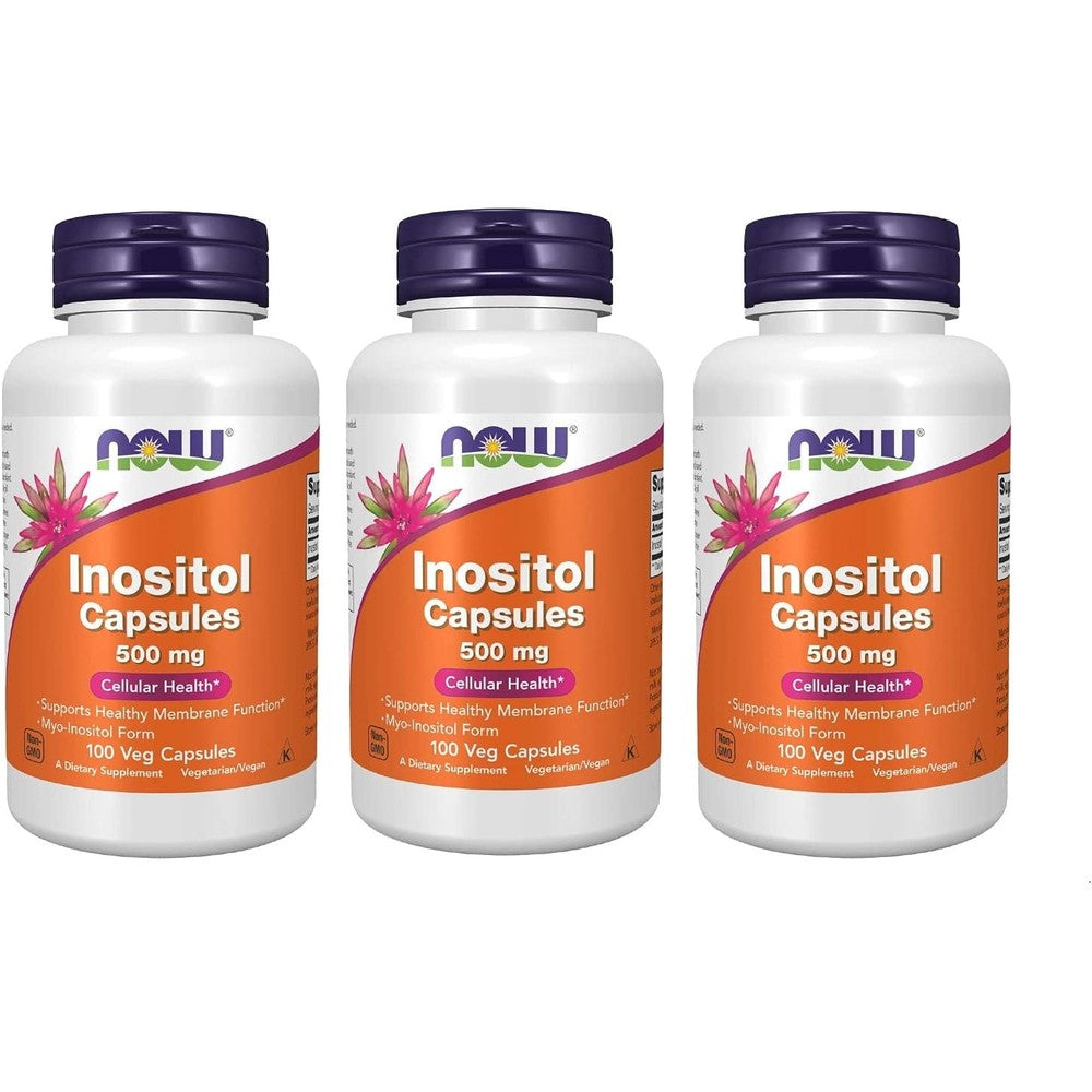 NOW Foods Inositol 500mg 100 Vegetarian Capsules pack of 3 front view showing cellular health supplement bottle.
