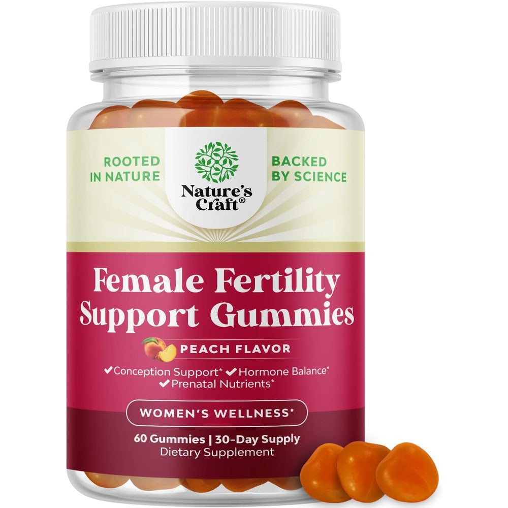 Nature's Craft Female Fertility Support Gummies front view peach flavor supplement bottle.