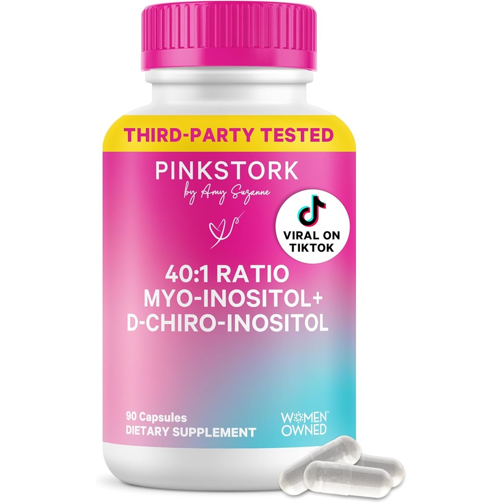 Pink Stork Inositol Supplement for Women bottle front view showing ninety capsules for hormone balance.