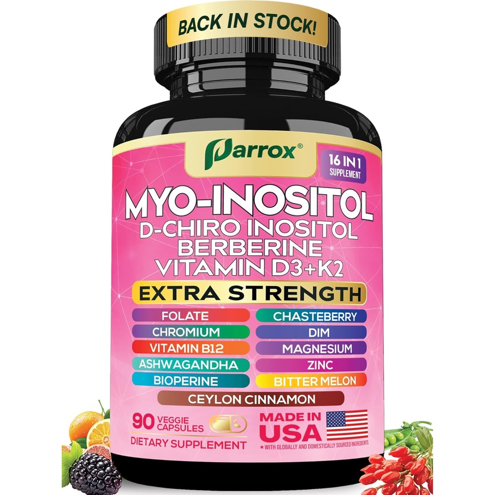 Parrox Inositol Complex 90 vegan capsules front view bottle showing pink label