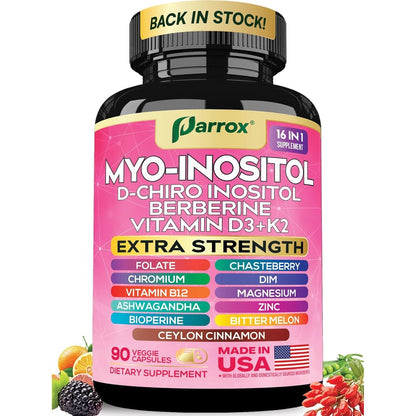 Parrox Inositol Complex 90 vegan capsules front view bottle showing pink label