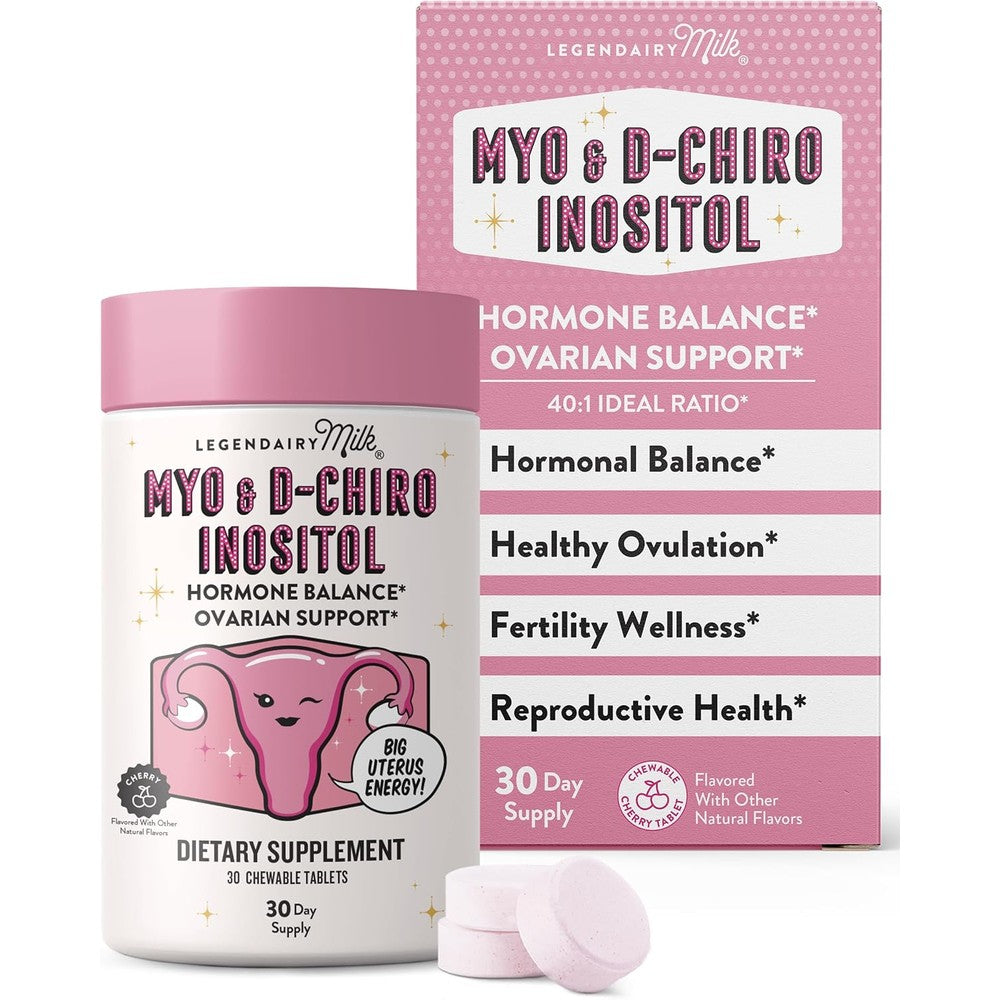 Legendairy Milk Myo and D-Chiro Inositol chewable tablets front package view for hormonal balance.