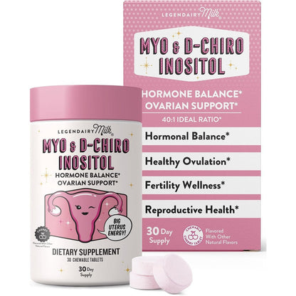 Legendairy Milk Myo and D-Chiro Inositol chewable tablets front package view for hormonal balance.