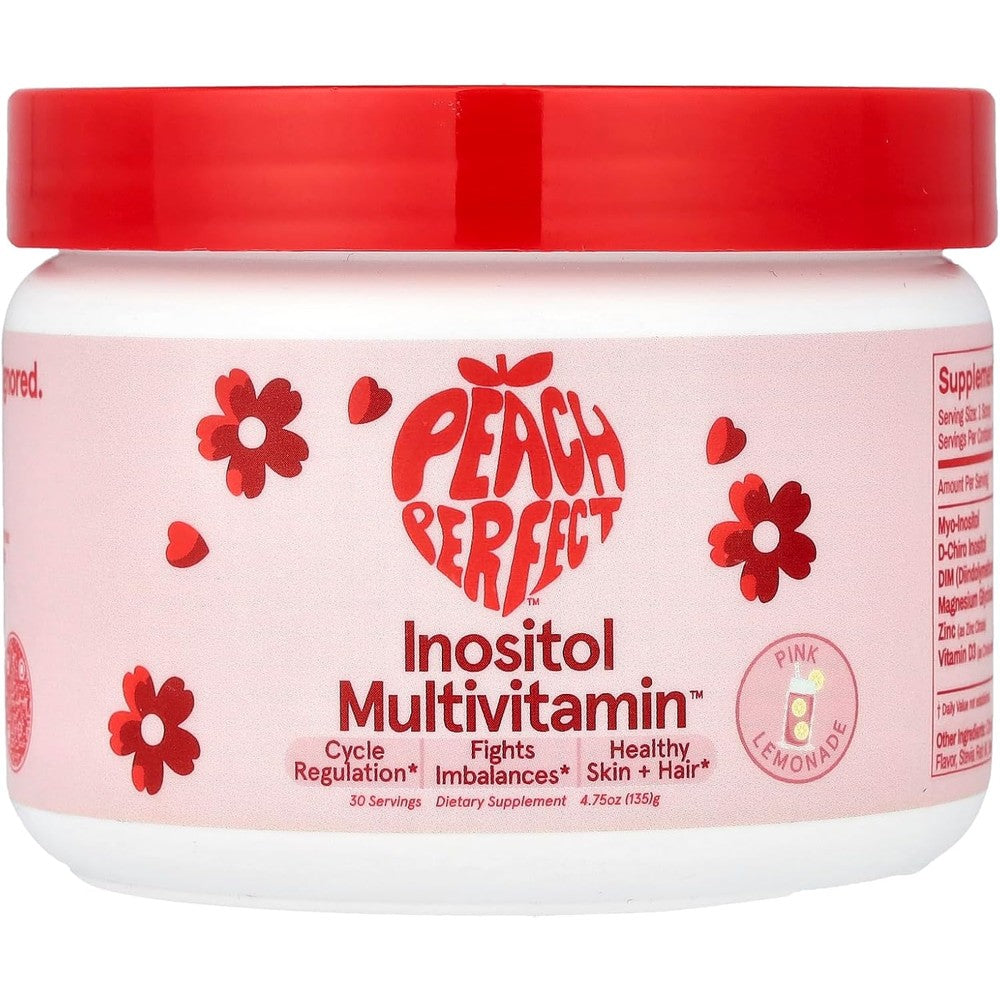 Peach Perfect Inositol Multivitamin Powder Pink Lemonade front view showing premium USA supplement packaging.