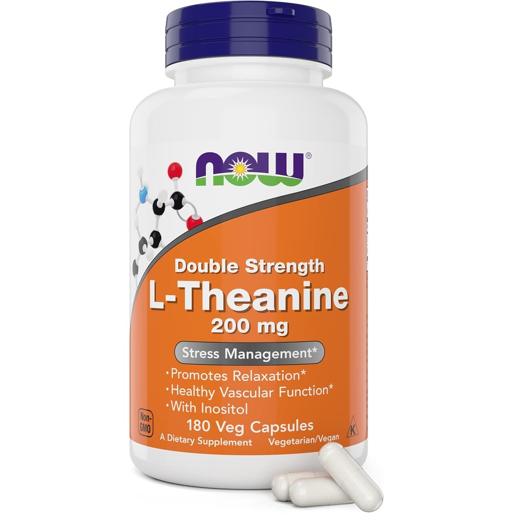 Now Foods L-Theanine Double Strength 200mg 180 Capsules front view for stress support