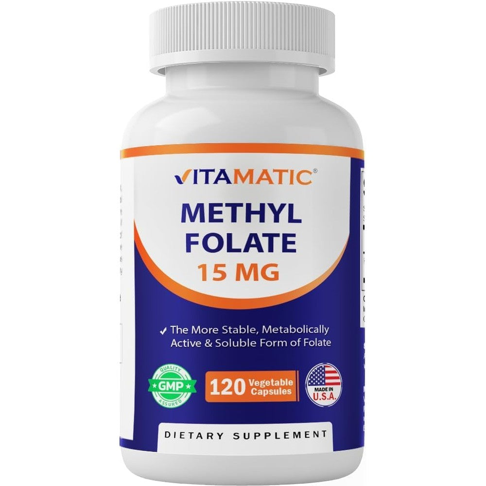 Vitamatic Methyl Folate 15mg 120 vegetable capsules front label view showing high potency activated vitamin b9 supplement