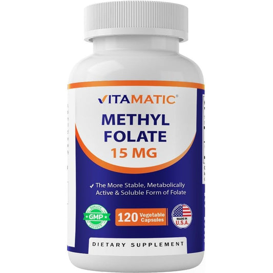 Vitamatic Methyl Folate 15mg 120 vegetable capsules front label view showing high potency activated vitamin b9 supplement