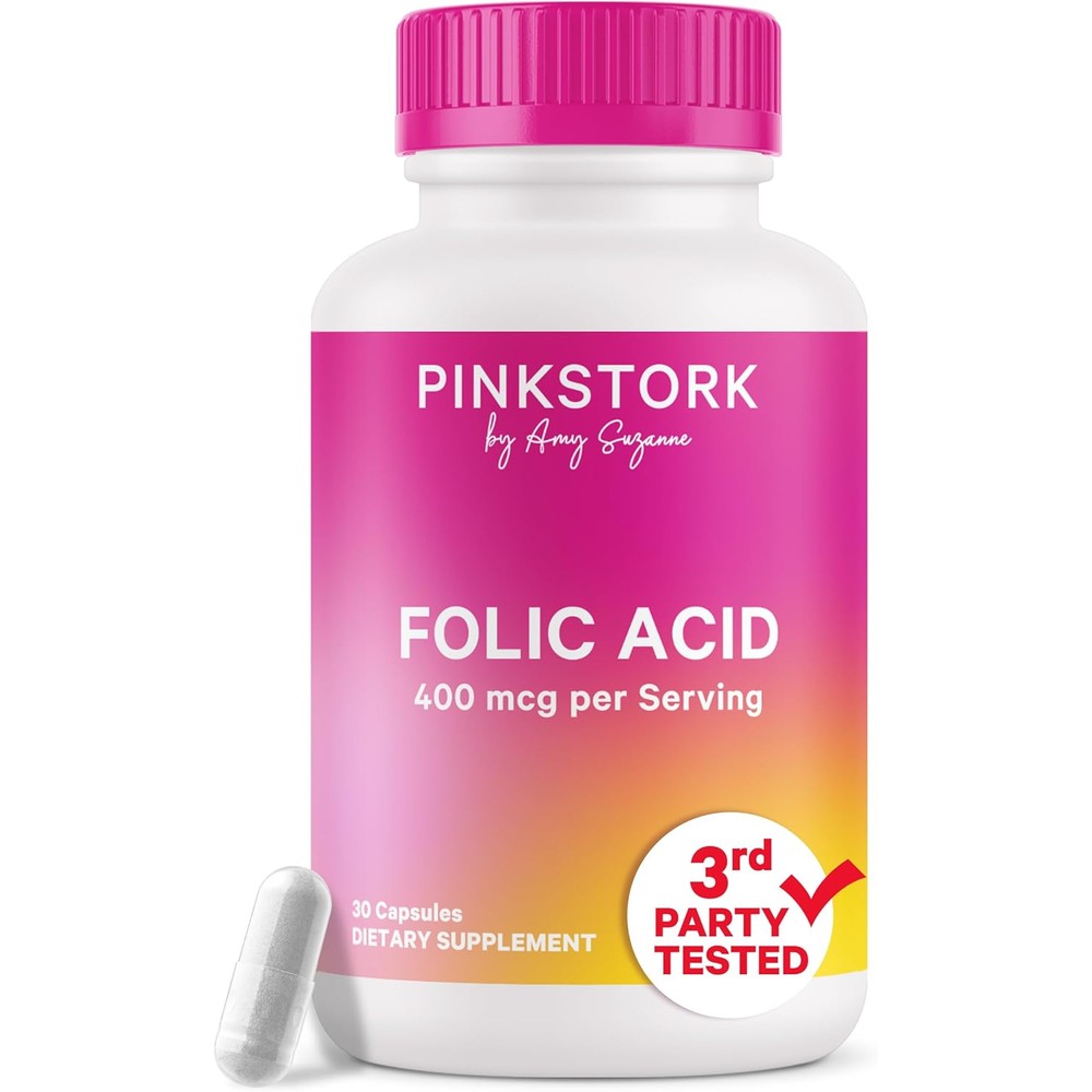 Pink Stork Folic Acid 400mcg vegetarian capsules front view showing the bright pink cap and premium label design.